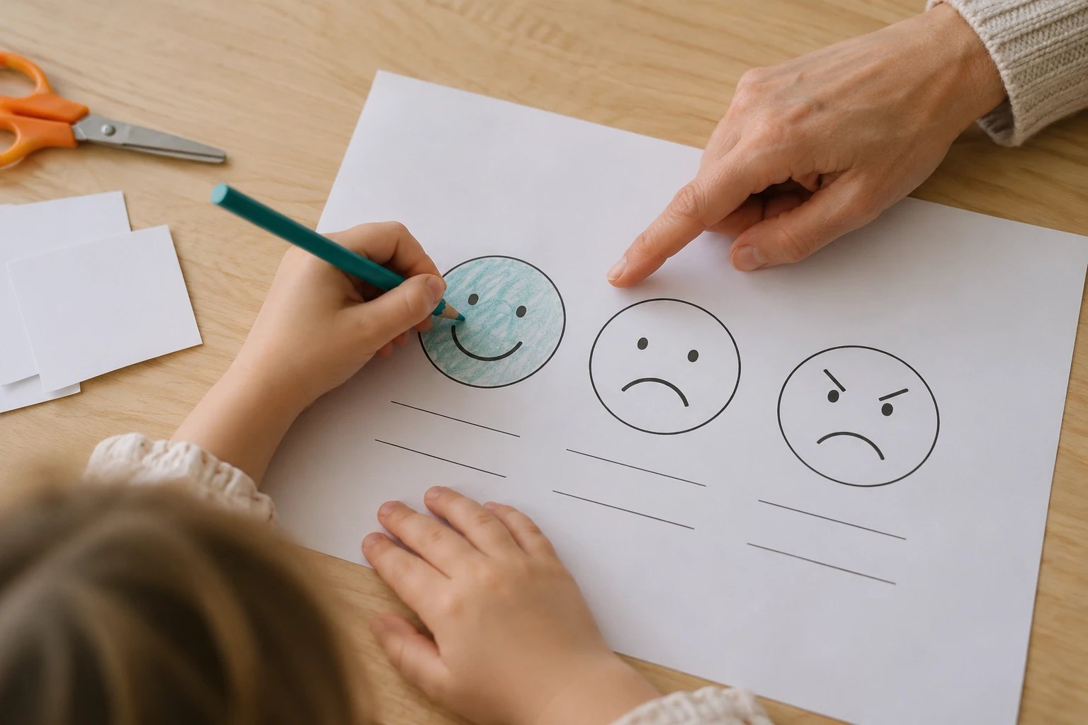 Una niña colorea una cara sonriente en una ficha con tres caras mientras un adulto señala el papel